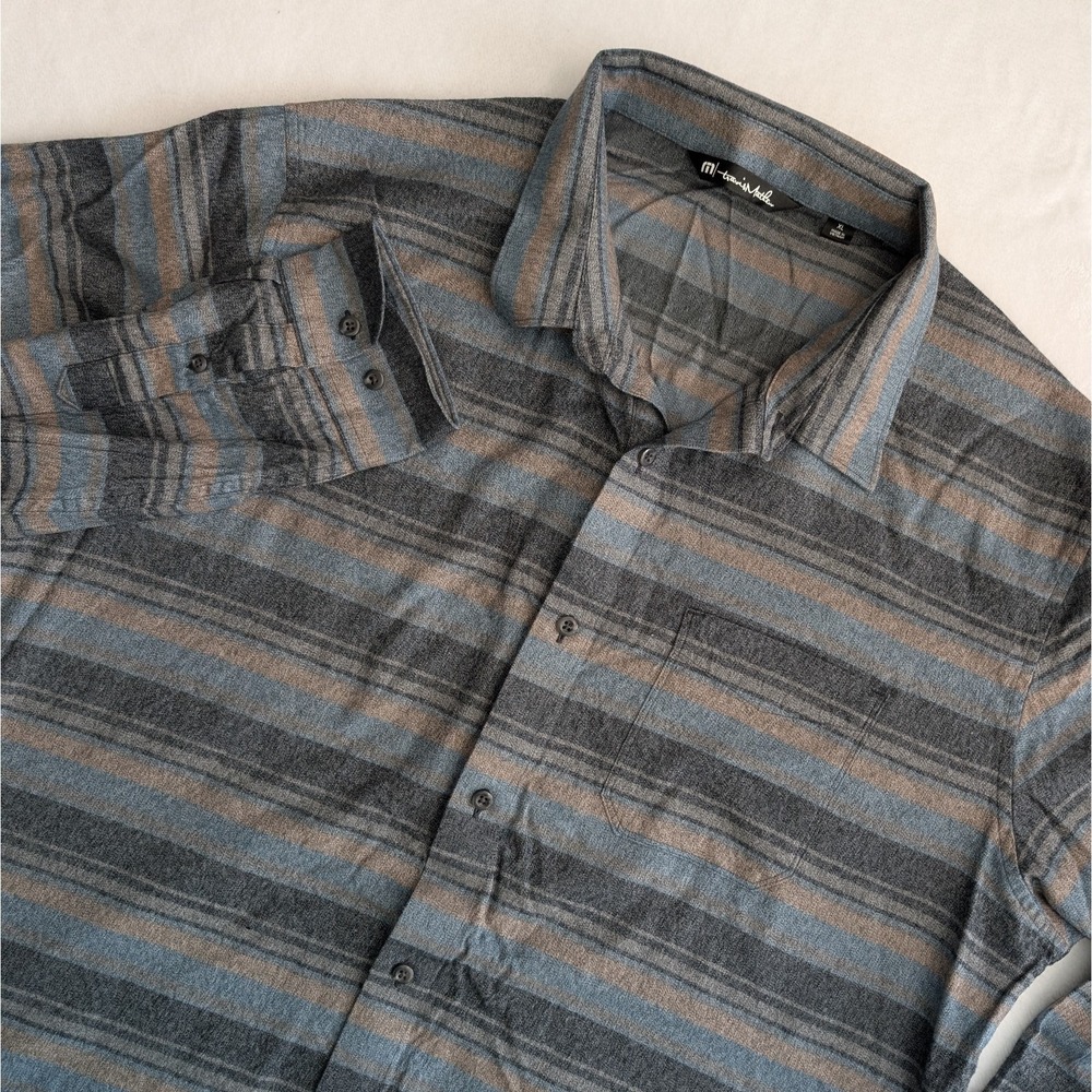 TRAVIS MATHEW Cloud Flannel Stripe Blue Gray Tan‎ Casual Men XL Button-Up Shirt
